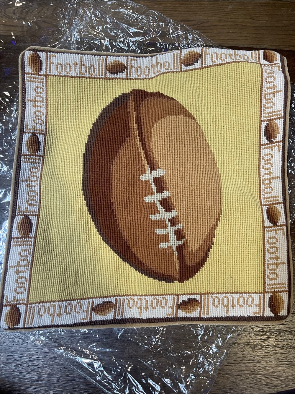 Handmade Football Needlepoint Pillow Cover - Yellow & Brown